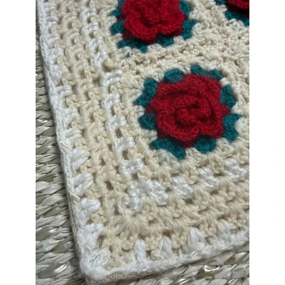 Handmade Crochet Rose Floral Granny Square Pillow Cover cottagecore 13x11 Boho